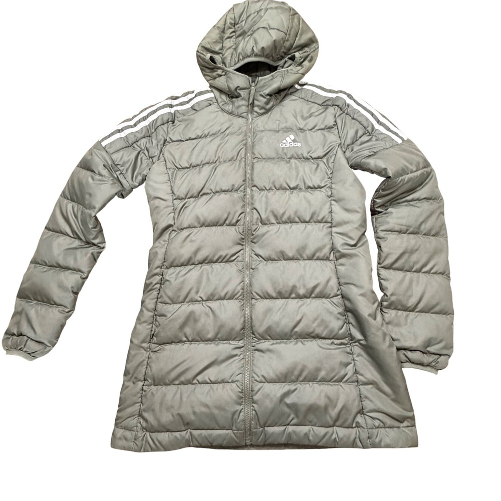 Adidas Essentials Parka Hooded Puffer Jacket Olive Green Womens XS 3 Stripe